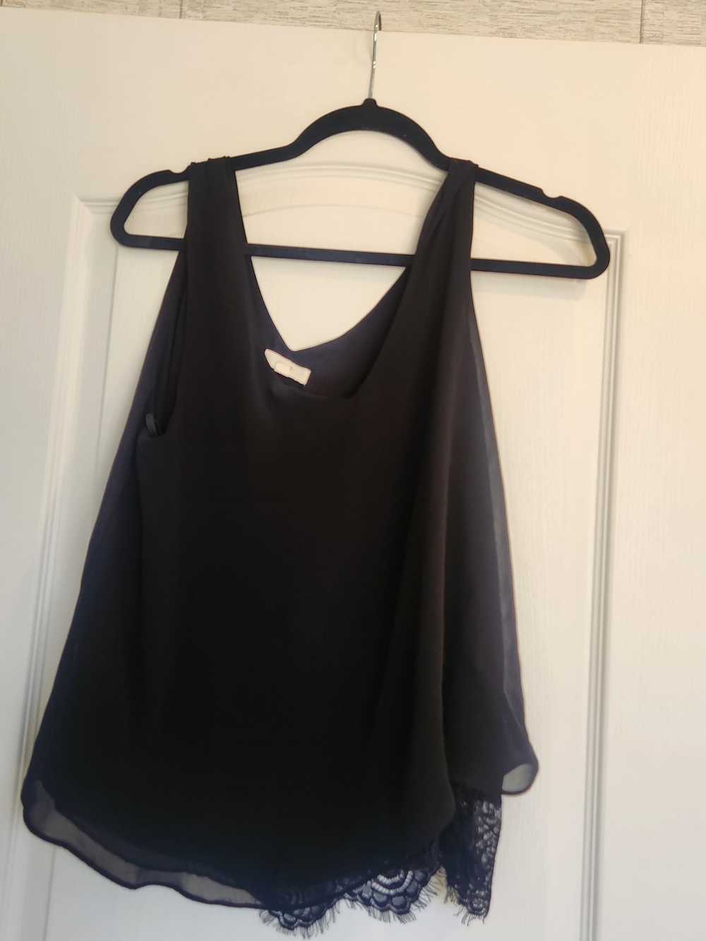mine Black Lace-Trim Sleeveless Chiffon Blouse L Euc